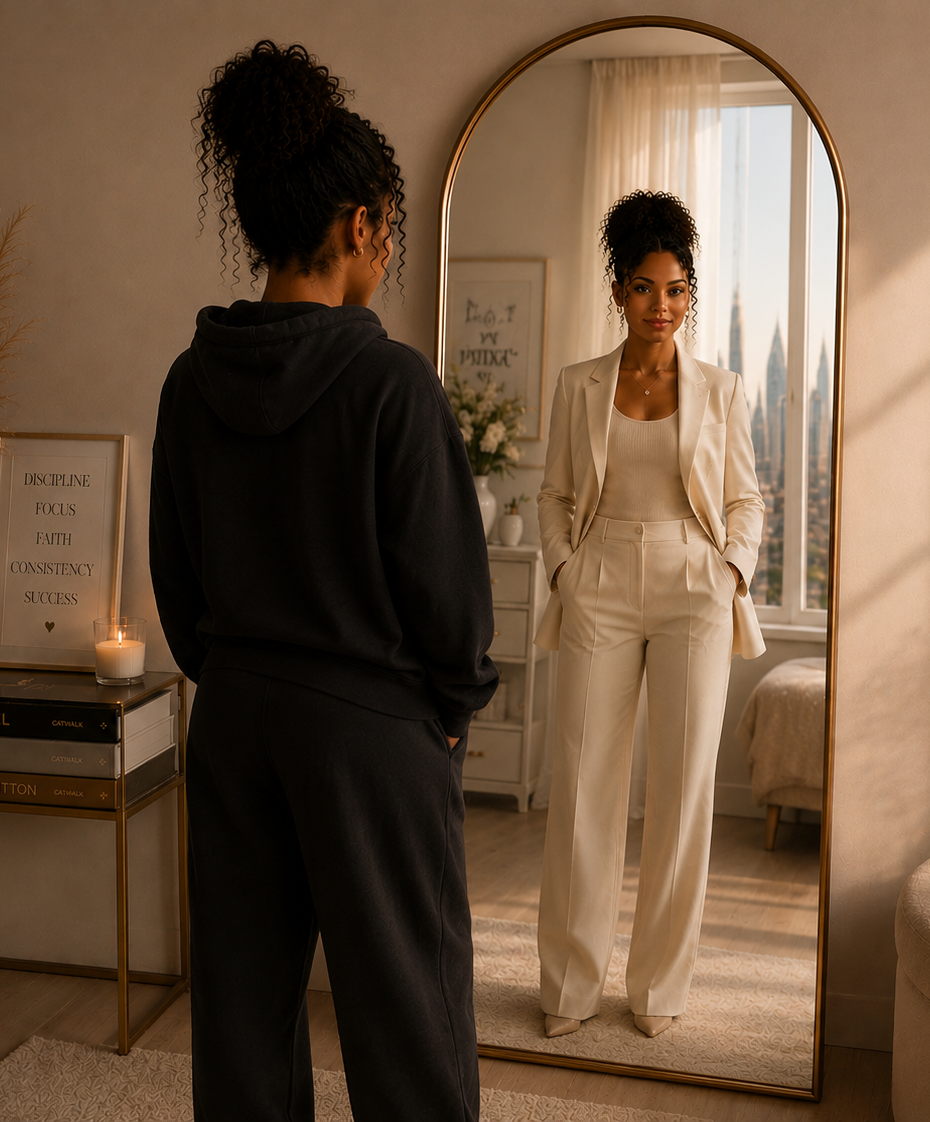 A woman becoming the future version of herself